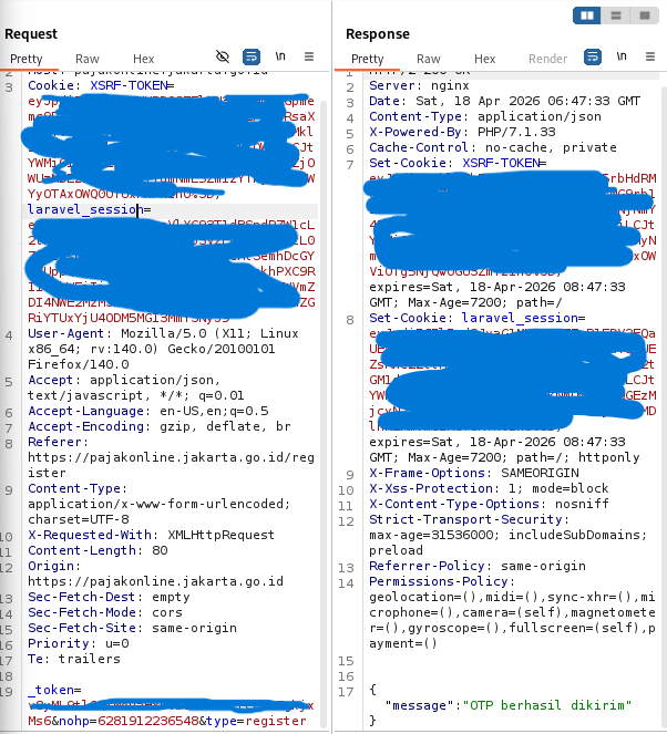 Burp Suite showing POST /wp/send-otp request and response