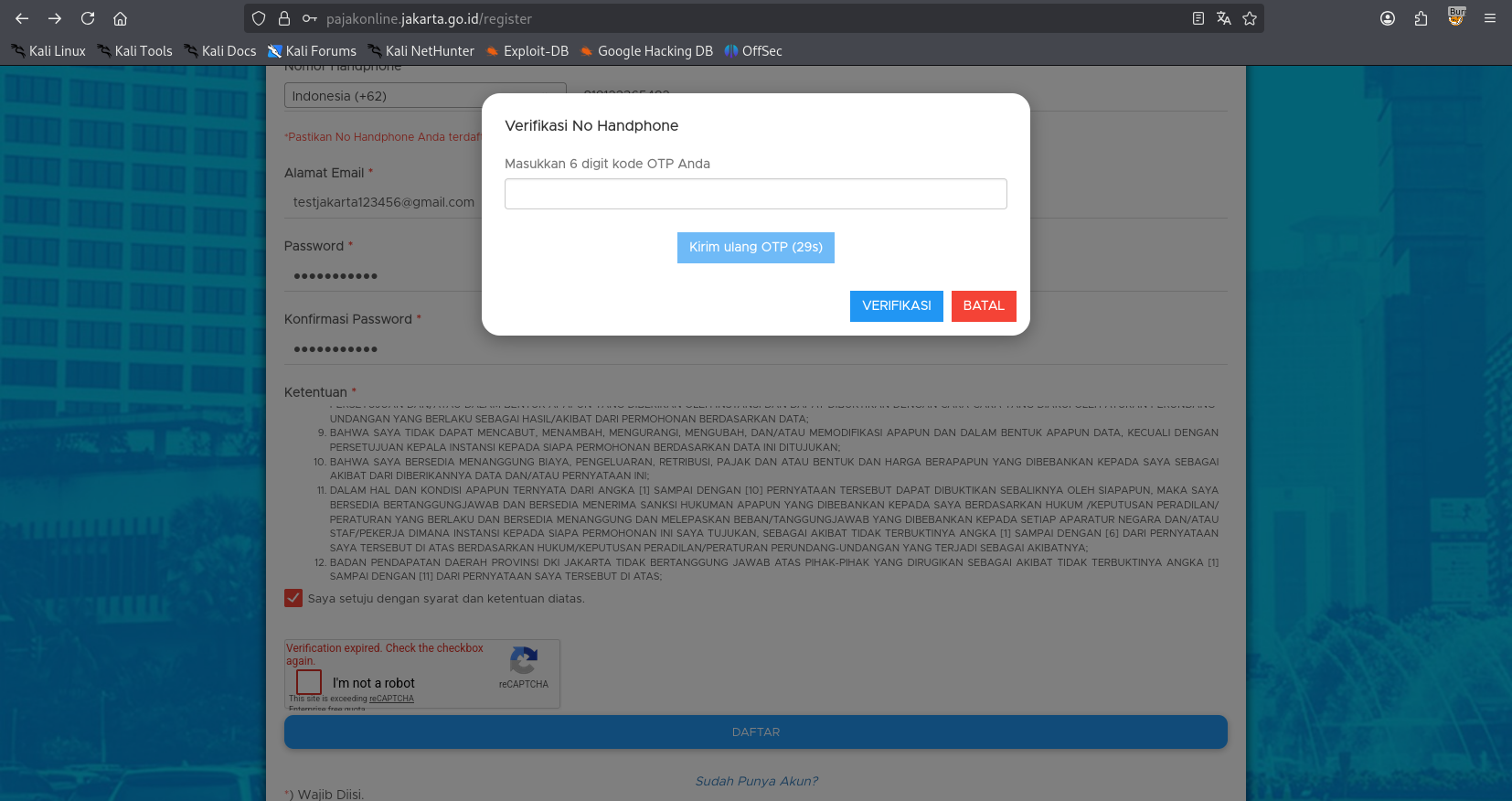 OTP modal showing 30 second cooldown timer