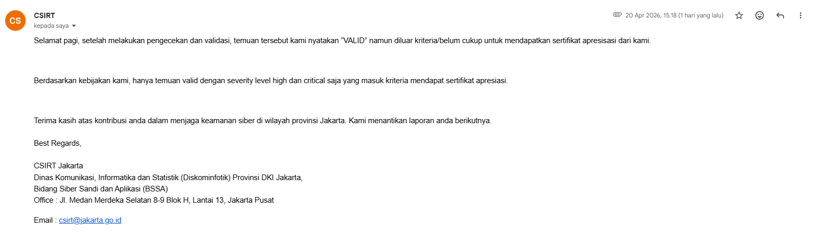 Email response from CSIRT Jakarta stating the finding is VALID