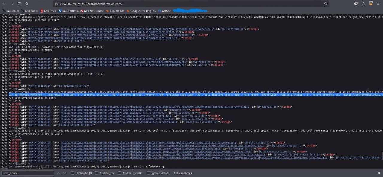 REST nonce found in page source