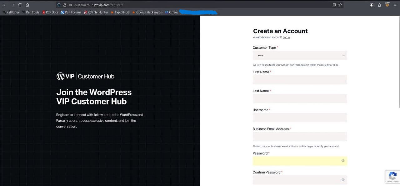 Registration page at customerhub.wpvip.com